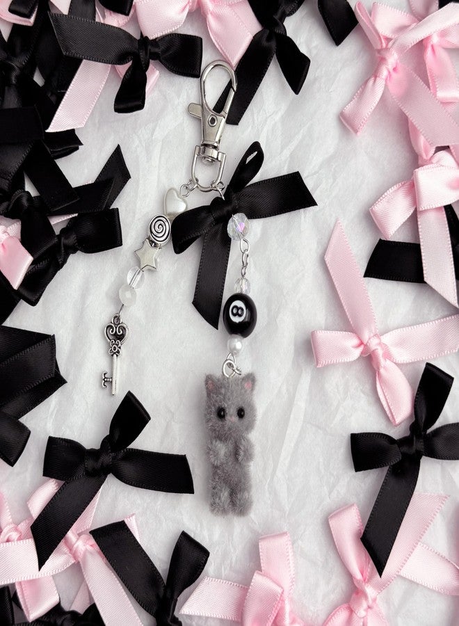 Thalireth Y2k Cute Bow Kitty Keychains Fuzzy Cat Bag Charms Kawaii Aesthetic Heart Key Pendant For Tote Bags Backpack Purse (Grey) - Image 3